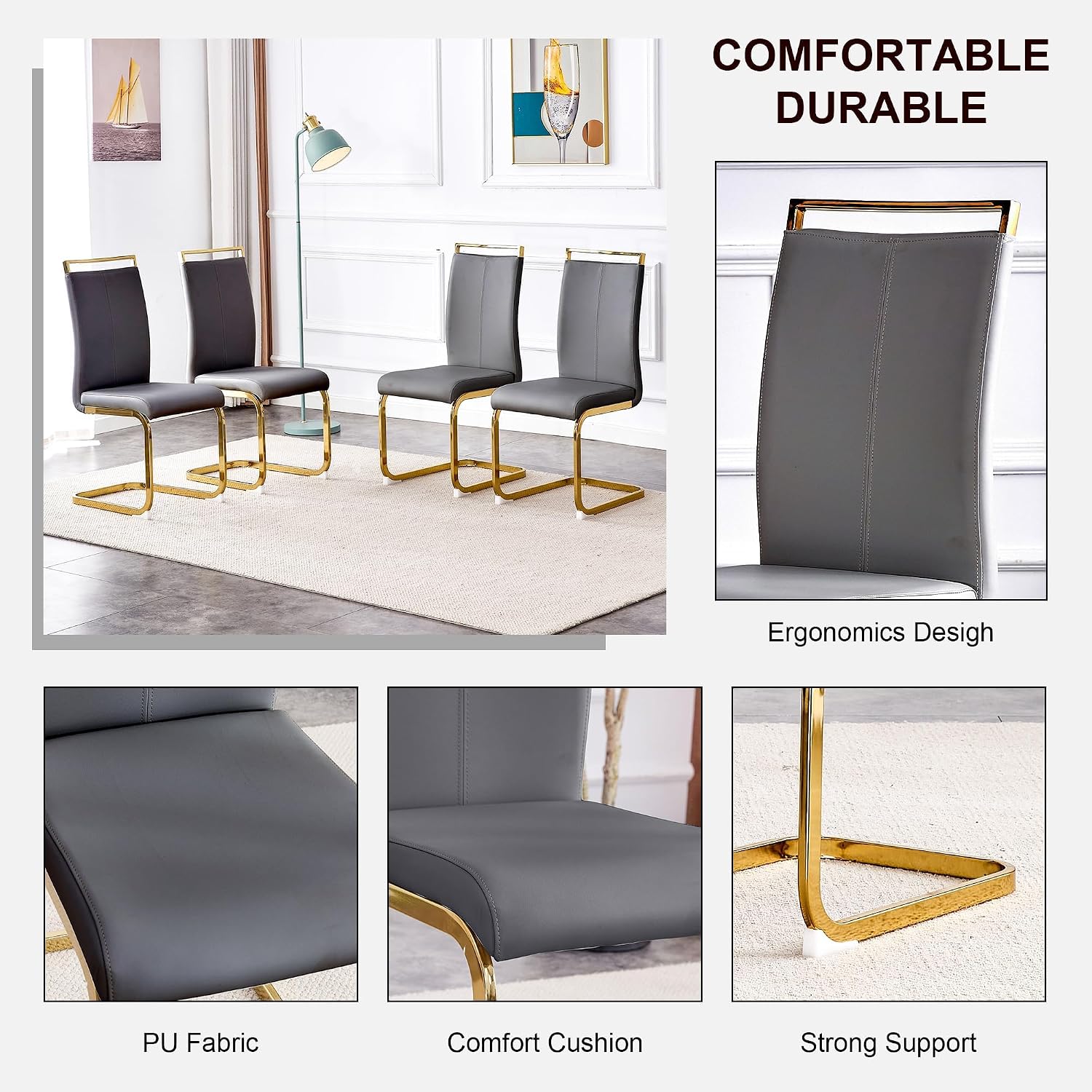 gopop Dining Table Set for 6, Kitchen Table Chairs Set of 6, 55" White High-Gloss Lacquered Tabletop & Electroplated Metal Frame, Modern Kitchen Tables with 6 Chairs for Dining Room