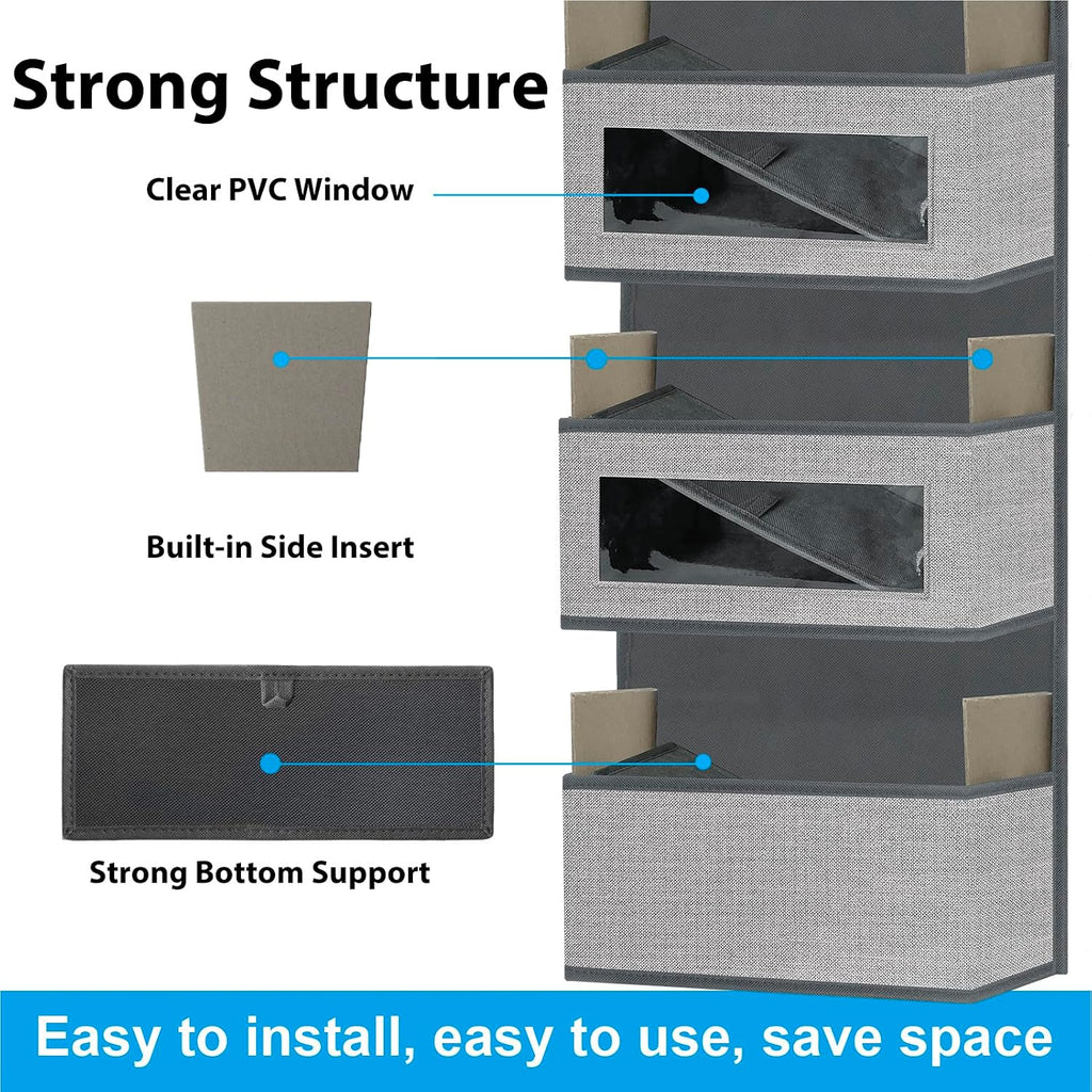 2 Pack Over the Door Hanging Organizer with 5 Large Pocket and Clear Window, Sturdy Over the Door Storage Organizer for Closet, Pantry, Bathroom,Bedroom, Nursery, Dorm (Grey)