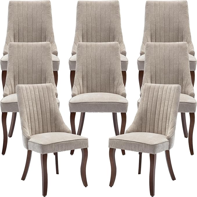 Beige Mid Century Dining Chairs Set of 8, Modern Kitchen & Dining Room Chairs Set of 8, Fabric Upholstered Kitchen Chairs, Sillas de Comedor, Wood Legs (Beige, 8 Pcs)