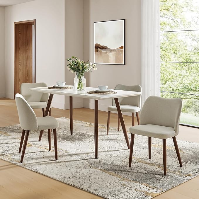 Dining Chairs Set of 4, Upholstered Kitchen Dining Room Chair Set Morden Accent Side Dinner Chair with Curved Padded Back Wood Legs for Restaurant/Cafe, Beige