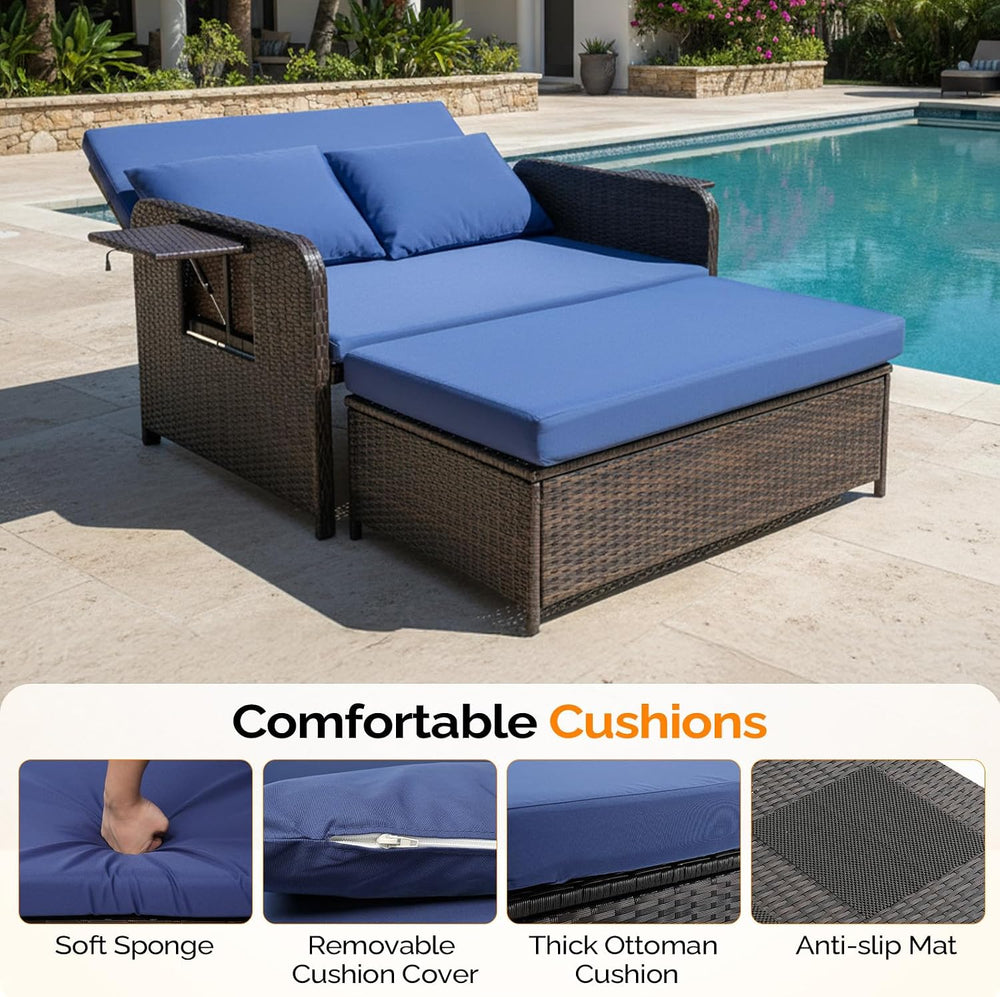 VINGLI Patio Daybed, Wicker Outdoor Daybed with Storage Ottoman & 5-Level...