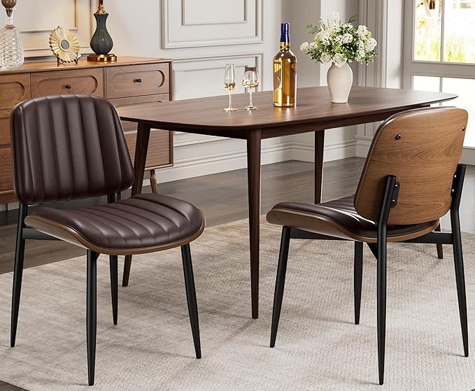 Dining Chairs Set of 2, Mid-Century Modern Upholstered PU Leather Chairs with Walnut Bentwood Back and Metal Legs Adjustable Feet for Kitchen Dining Living Room, Dark Brown Vertical Stripes