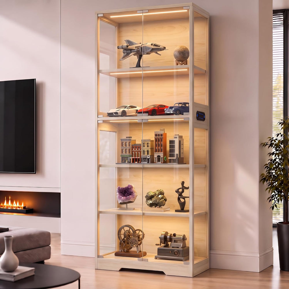 65" Display Cabinet with Glass Doors & LED Lights, Light Wood