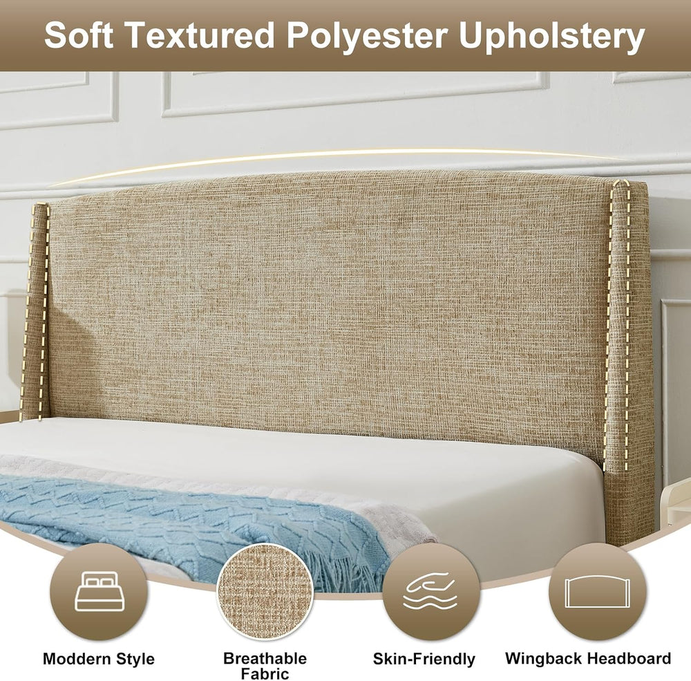 VELOCAVA Queen Storage Bed Frame with Curved Wingback Headboard, Linen-Look U...