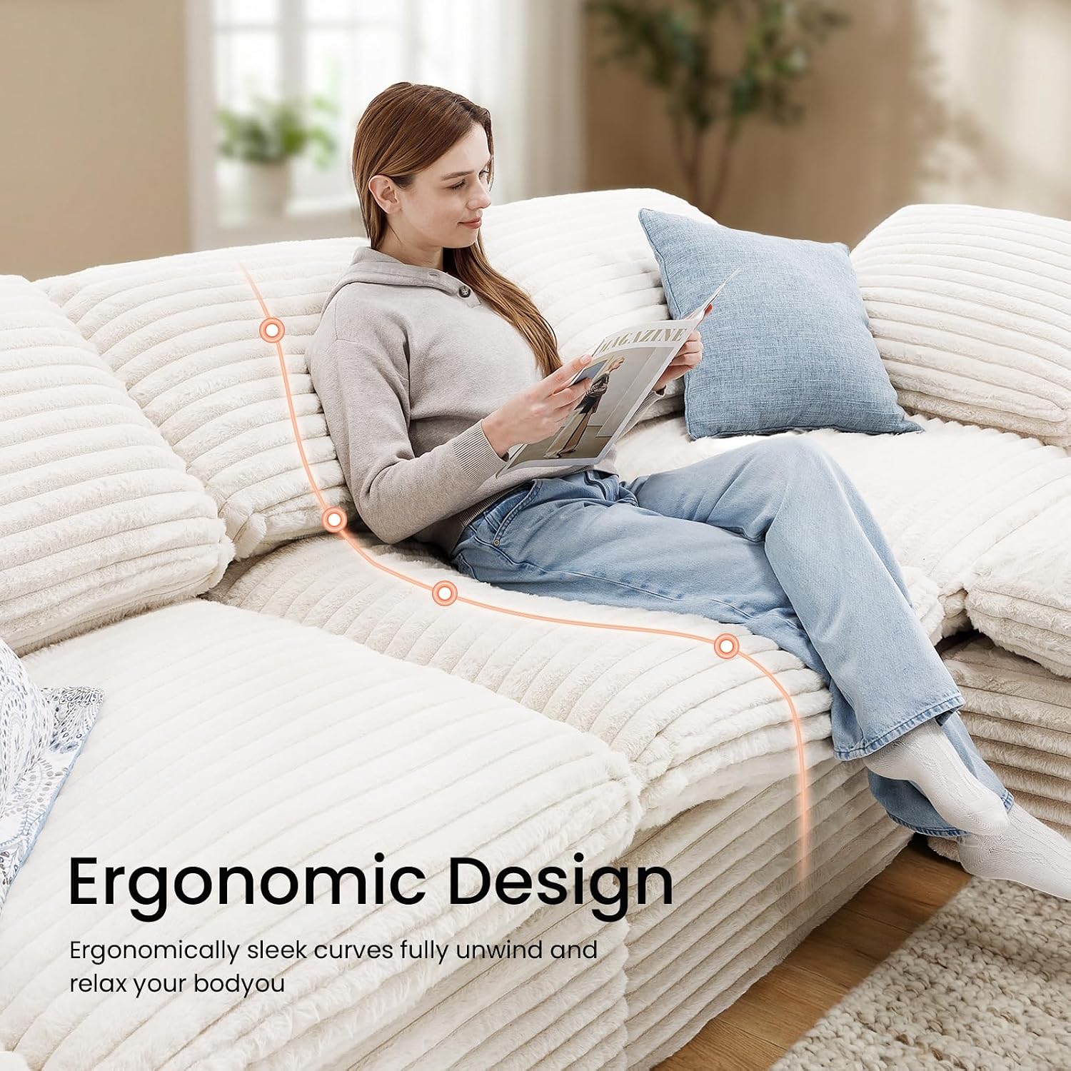 KKL 118" Modular Sectional Sofa, Cloud Sectional Couch L-Shaped with Ottoman, Corduroy Boneless Couch for Living Room Bedroom, Deep-Seat Upholstered Modular Cloud Sofa, No Assembly Required, Beige