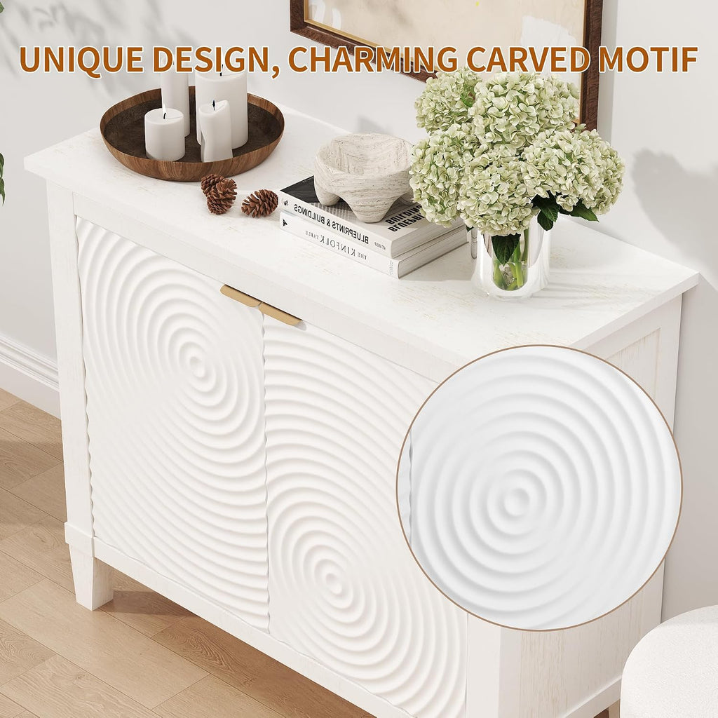 karlott Buffet Cabinet with Storage, Sideboard Accent Cabinet, Annual Ring | Distressed White, Pine Wood Frame, Craft Cabinet with Annual Ring Carved Motif, Sideboard Buffet for Kitchen, Living Room