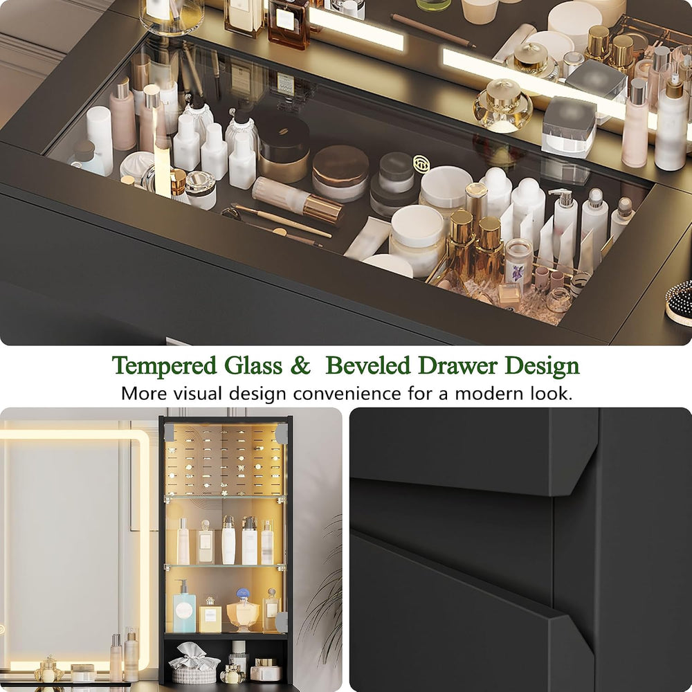 wanan Vanity with Glass Top, Black Vanity Desk with Mirror and Lights, Jewelr...