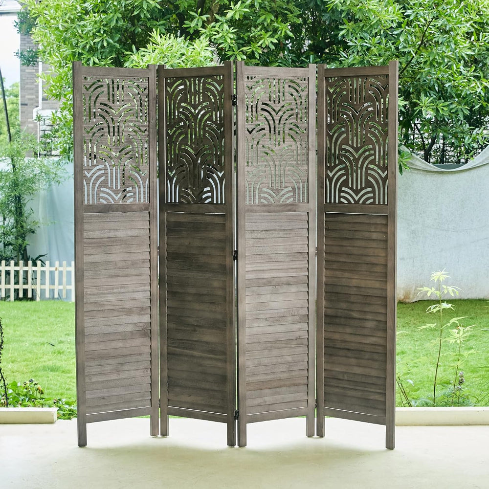 Svimi Folding Room Divider, 66.9 Inch 4 Panels Wood Carved Privacy Screens, F...