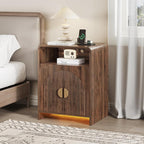 Nightstand with Charging Station and LED Lights, Night Stands with Adjustable Storage Cabinet, Modern Side Table with Fluted Doors and Open Storage, Bedside Table for Bedroom, Walnut
