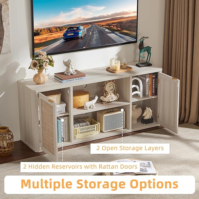LEYAOYAO Rattan TV Stands for Living Room, Boho Entertainment Center with Storage and Open Shelf, Wood Media Console for 50-65 Inch TV, Grey White
