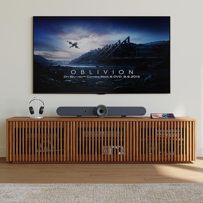 POVISON Full Assembled Mid Century Modern TV Stand, Wood Slatted Media Console for 65 inch TV, Entertainment Center with Storage for Living Room, Low Cabinet with Removable Shelves
