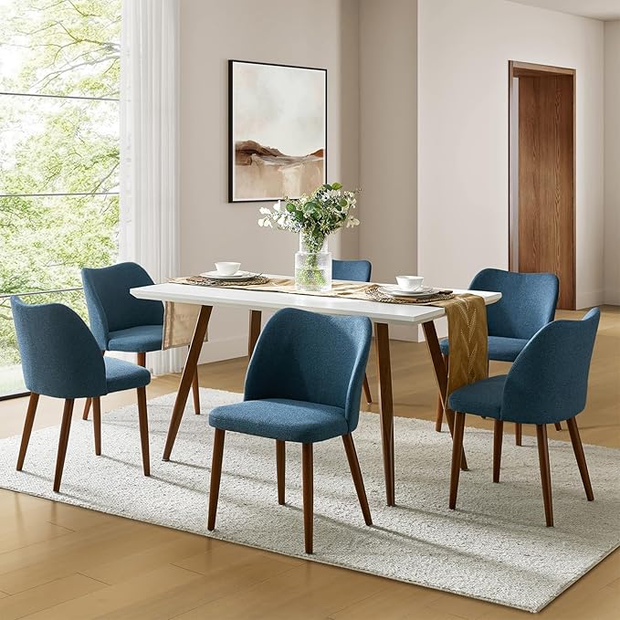 Dining Chairs Set of 6, Upholstered Kitchen Dining Room Chair Set Morden Accent Side Dinner Chair with Curved Padded Back Wood Legs for Restaurant/Cafe, Navy