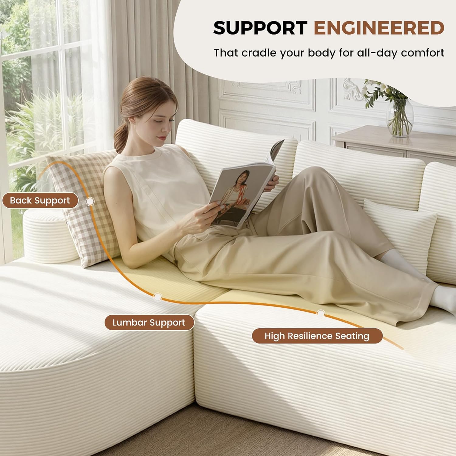 112" Modular Curved Cloud Couch, Oversized Couches for Living Room, Modern Boneless Sectional Sofa with Deep Seat, Foam Couch, No Assembly Required, Beige, 1PCS