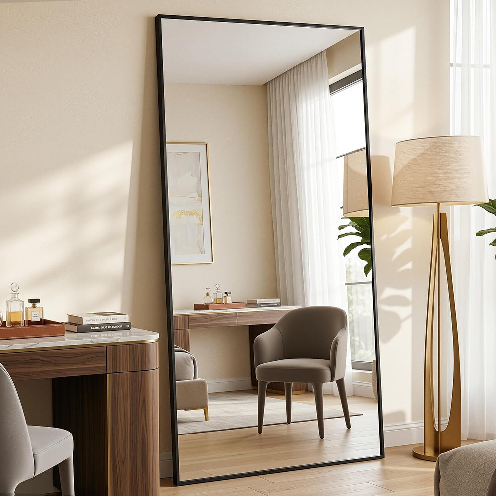 Antok 76"×34" Full Length Wall Mounted Hanging Mirror, Aluminum, Black