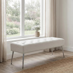 DUHOME Button-Tufted Ottoman Bench, Upholstered Footrest Stool Rectangular Dining Bench Leather Accent Bench for Entryway Dining Room Living Room Bedroom, White