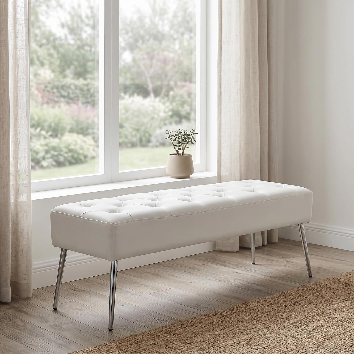 DUHOME Button-Tufted Ottoman Bench, Upholstered Footrest Stool Rectangular Dining Bench Leather Accent Bench for Entryway Dining Room Living Room Bedroom, White