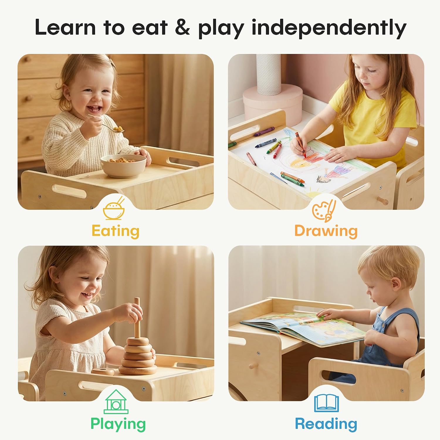 Montessori Table and Chair Set - Adjustable Toddler Weaning Table with Storage Box & Table Mat, Baby Furniture Gift for 1-3 Year Old Kids Learning, Play and Mealtime