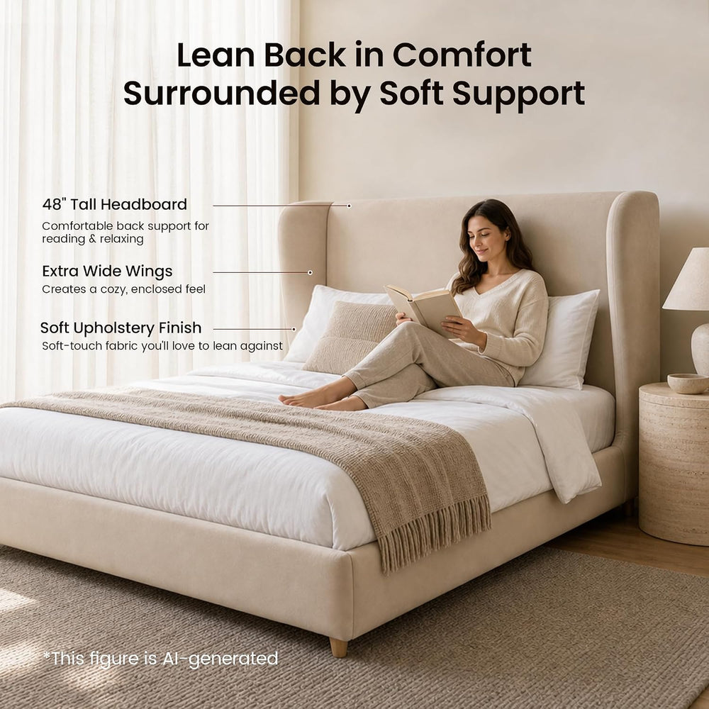 ModernMate Queen Upholstered Bed Frame, 47" Tall Wingback Headboard, Beige