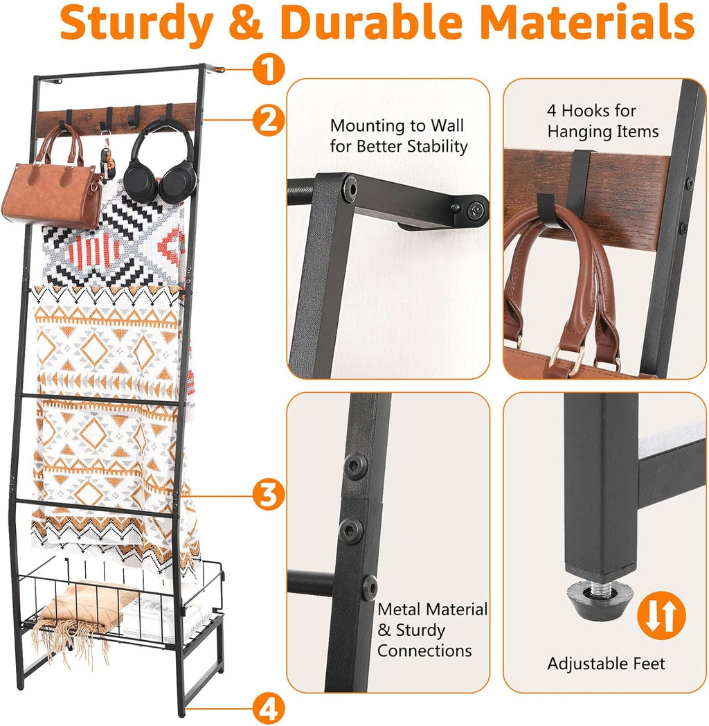Metal Blanket Ladder with Basket, 5 Tier Black Blanket Ladders for the Living Room with Hooks, 5.2ft Wall Leaning Quilt Ladder for Blankets, Towels & Throws, Farmhouse Decor