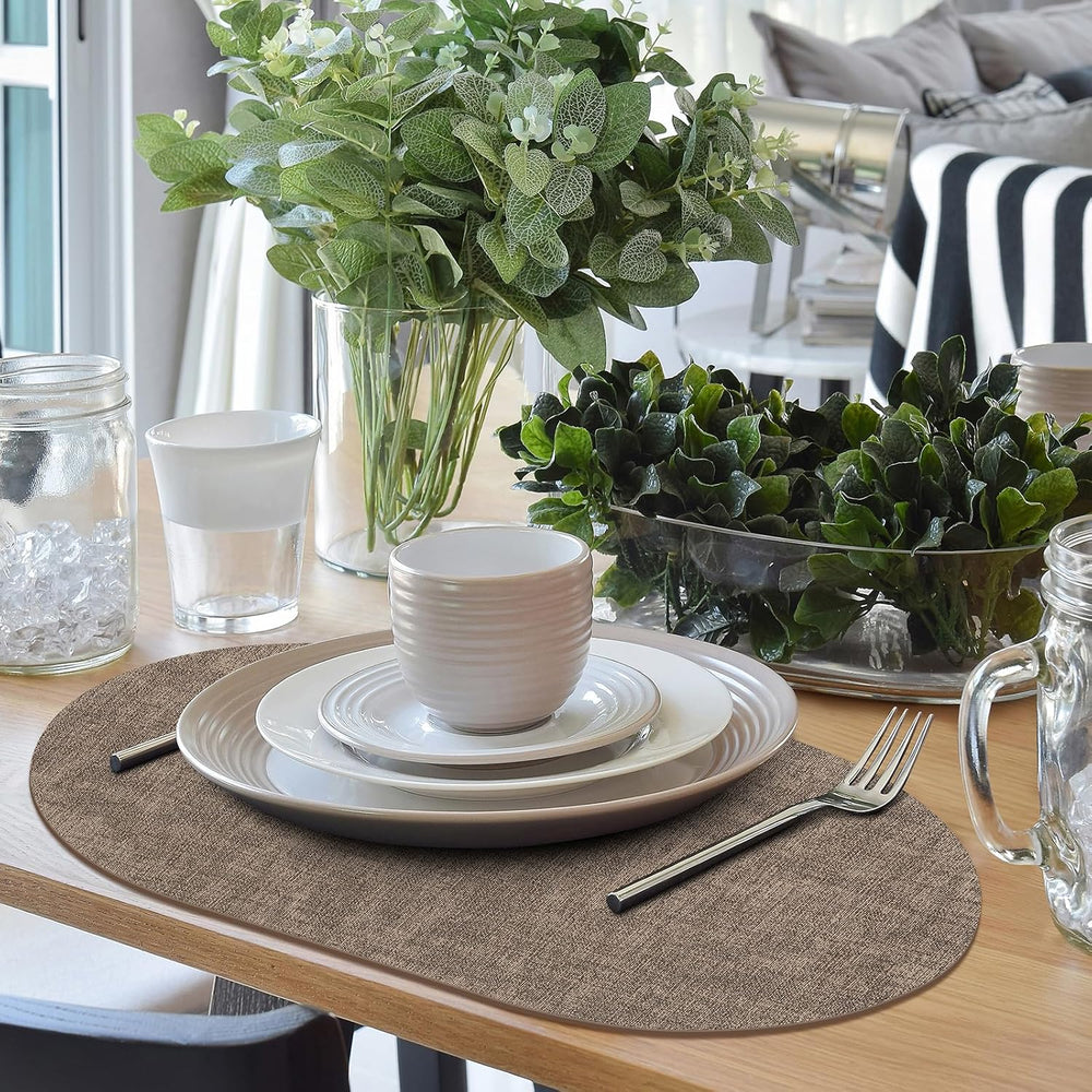 Faux Leather Oval Placemats Set of 6, Dark Brown