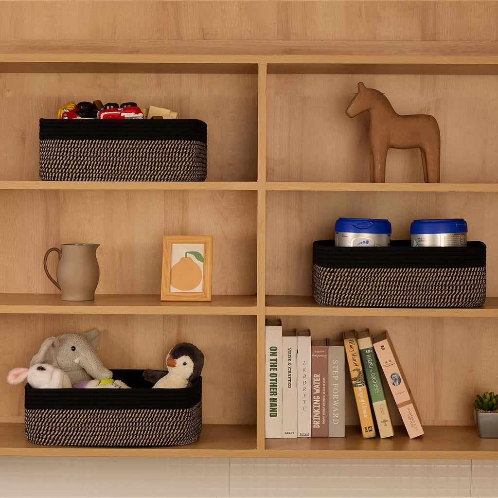 Large Shallow Organizing Baskets 15x11x5.1 Inches - Rope Woven Storage Bins for Bathroom, Shelves, Cube Closet, Black Woven Brown 3 Packs