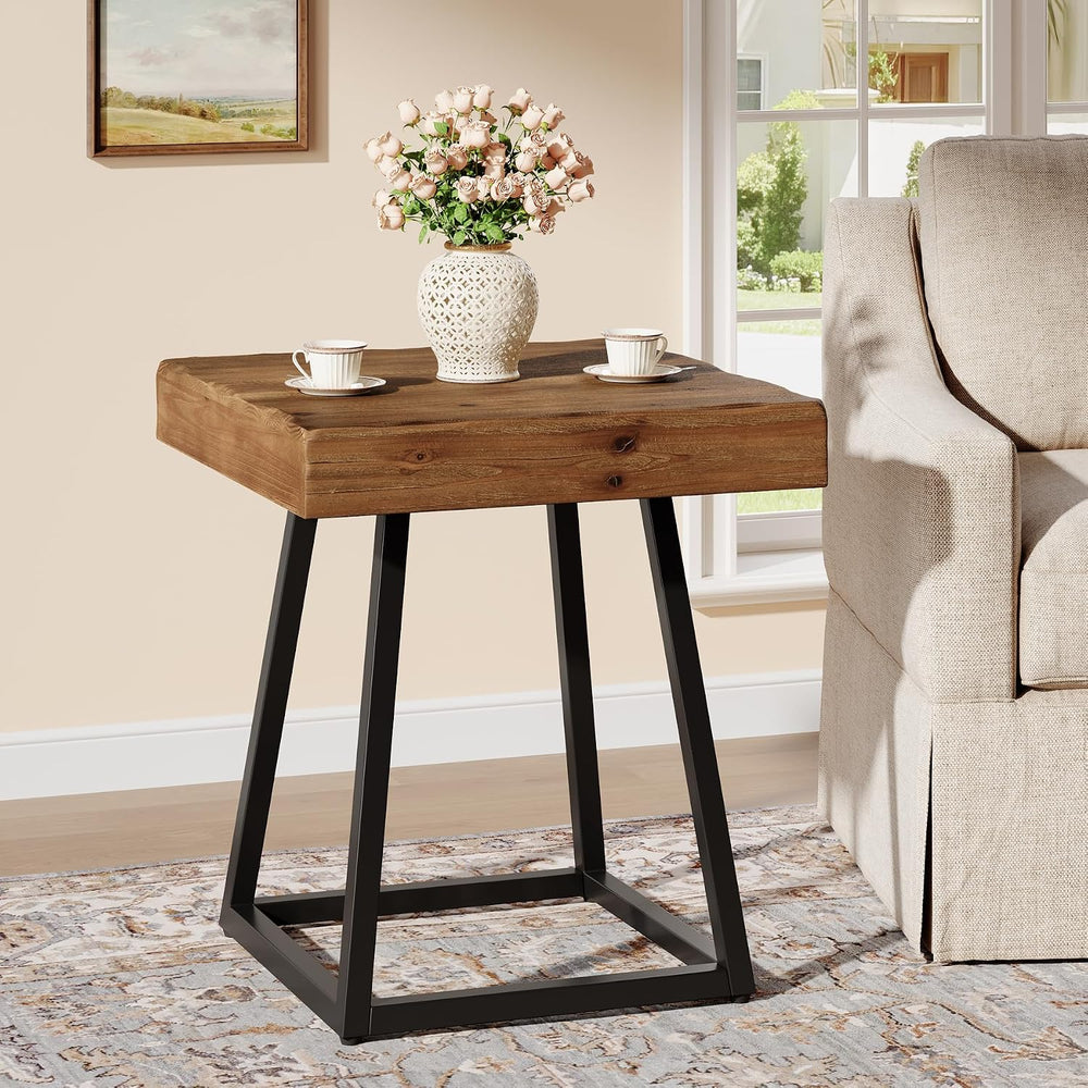 2pcs Solid Wood End Table, 19.7" Square Side Table with Metal Frame, Ind...