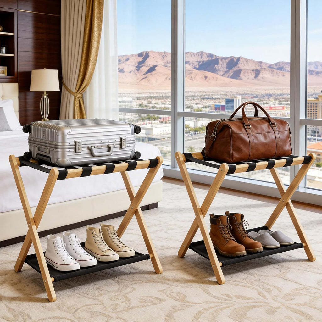 26.77" Full Assembled Luggage Rack for Guest Room, Set of 2 Bamboo Foldable Suitcase Stand, Bedroom & Hotel, Folding Luggage Holder with 5 Nylon Straps, 600D Oxford Fabric Shelf Natural Wood