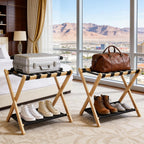 26.77" Full Assembled Luggage Rack for Guest Room, Set of 2 Bamboo Foldable Suitcase Stand, Bedroom & Hotel, Folding Luggage Holder with 5 Nylon Straps, 600D Oxford Fabric Shelf Natural Wood