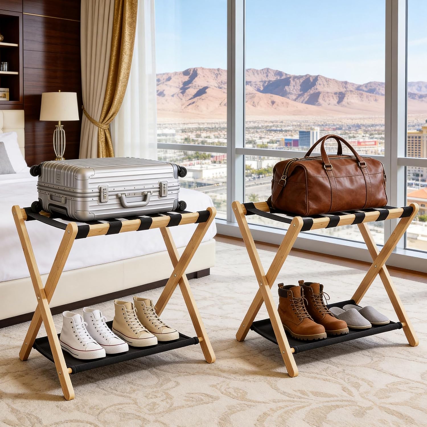 26.77" Full Assembled Luggage Rack for Guest Room, Set of 2 Bamboo Foldable Suitcase Stand, Bedroom & Hotel, Folding Luggage Holder with 5 Nylon Straps, 600D Oxford Fabric Shelf Natural Wood