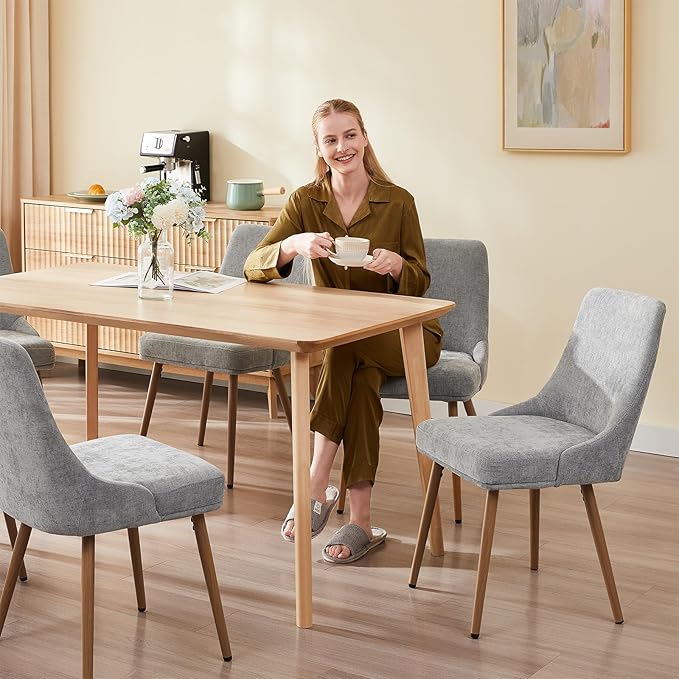Modern Upholstered Dining Chairs Set of 6 with Thick Seat Cushion and Curved Back, Fabric Farmhouse Dinner Chair for Kitchen, Dining Room,Cafe (Fabric - Light Gray, Set of 6)