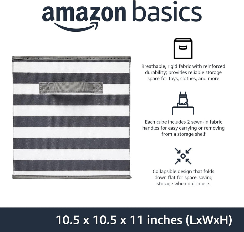Amazon Basics Cube Organizer Storage Bins Handles, Collapsible Fabric, Pack of 6, 10.5"x10.5"x11", White/ Light Grey Stripe