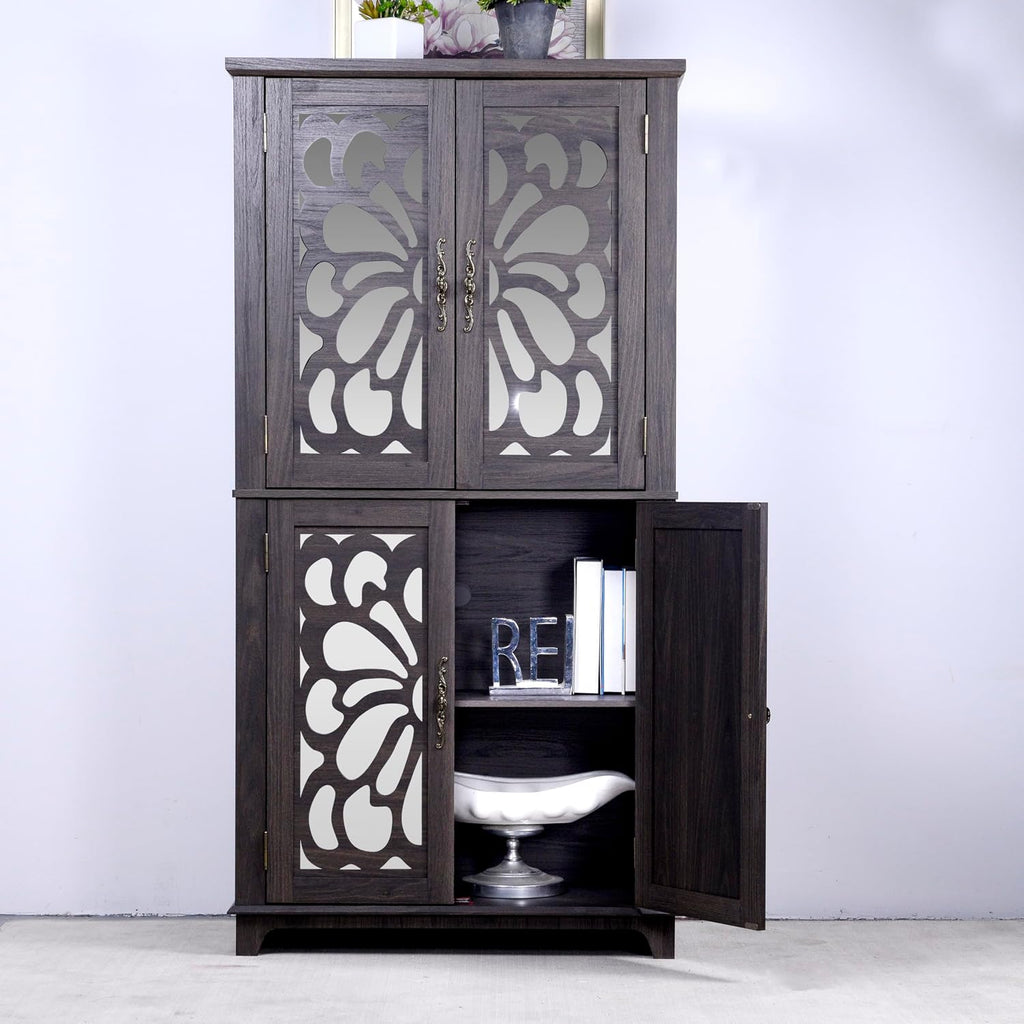 JIJIWANG Kitchen Pantry Storage Cabinet with Acrylic Mirrored Doors,Large Sideboard Buffet with Adjustable Interior Shelf,for Dining Room, Living Room, Hallway,Brown