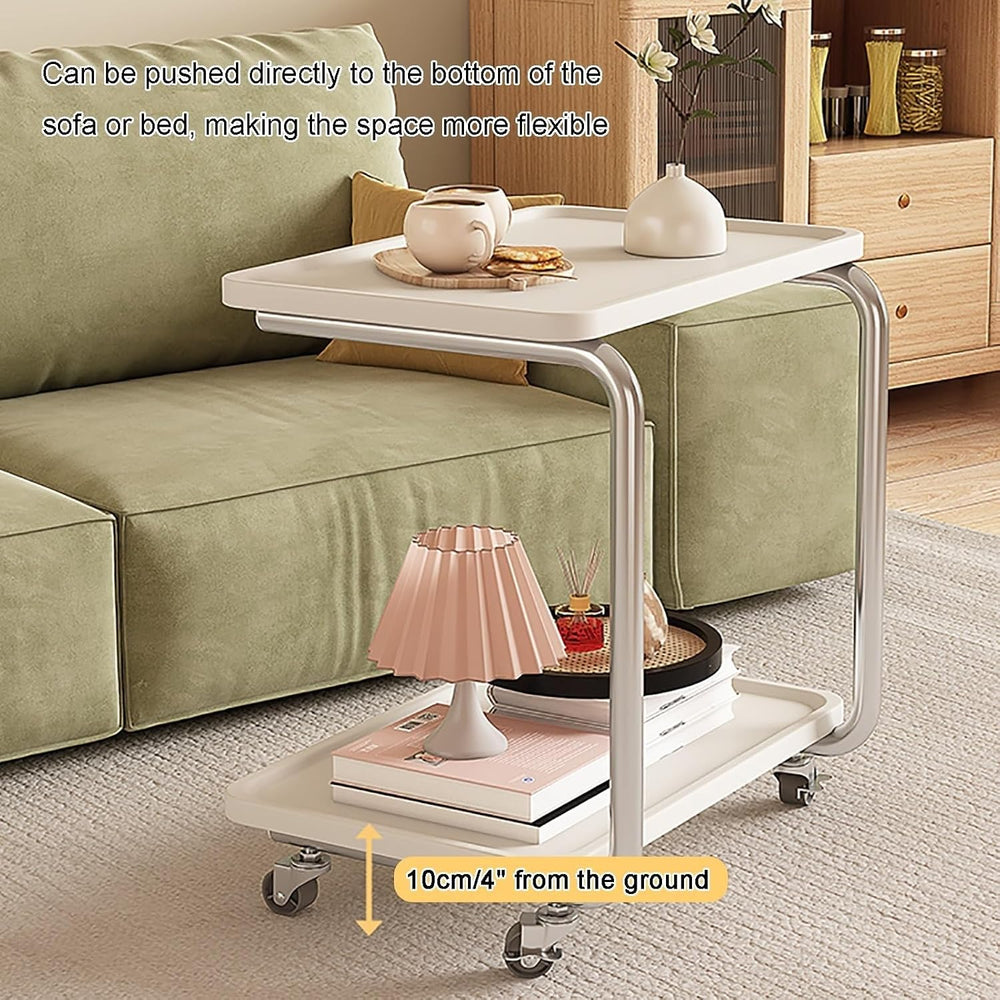 C Shaped End Table with Wheel TV Tray Sofa Table Metal Frame Waterproof Top M...