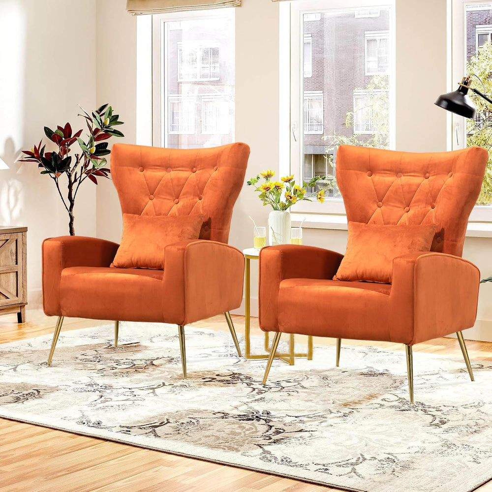 Mid-Century Accent Chairs Set of 2, Wingback Chair with Arm & Gold Legs, ...