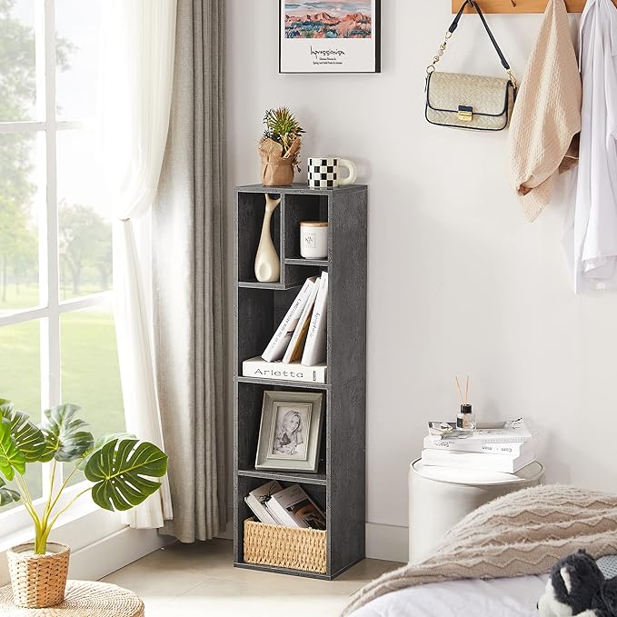 VECELO Small Bookshelf, 5 Cube Slim Bookcase, Fits Tallest Hardcovers, Horizontal Available, Modern Floor Standing Unit, Each Shelf Hold Up to 66 LBS,Modern Gray