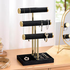 Bracelet Holder Jewelry Organizer Display - 3 Tier T Bar Velvet Stand, Black Jewelry Storage for Bracelet, Necklaces, Earrings, Watches