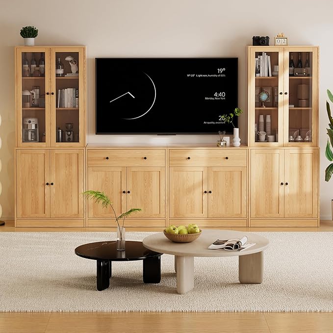 TUSY 71" TV Stand Storage Set - 2 Tall Bookcases & 2 Side Cabinets, Media Console with Glass & Wood Doors, Entertainment Center with Drawers, Tall Media Console for Living Room (Wood, AEEA)