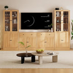 TUSY 71" TV Stand Storage Set - 2 Tall Bookcases & 2 Side Cabinets, Media Console with Glass & Wood Doors, Entertainment Center with Drawers, Tall Media Console for Living Room (Wood, AEEA)