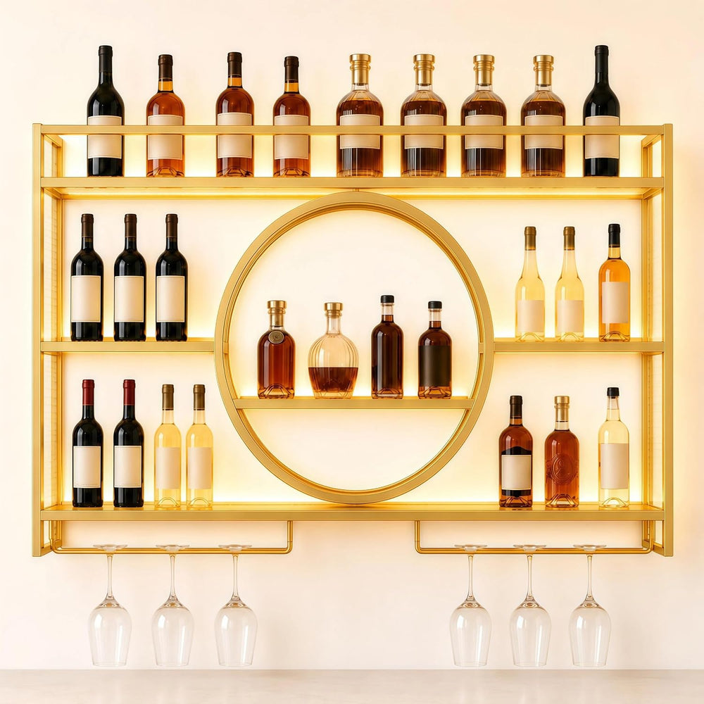 Wine Rack Wall Mounted with LED Lights - with Glass Holder, Gold | 3 Tier Met...