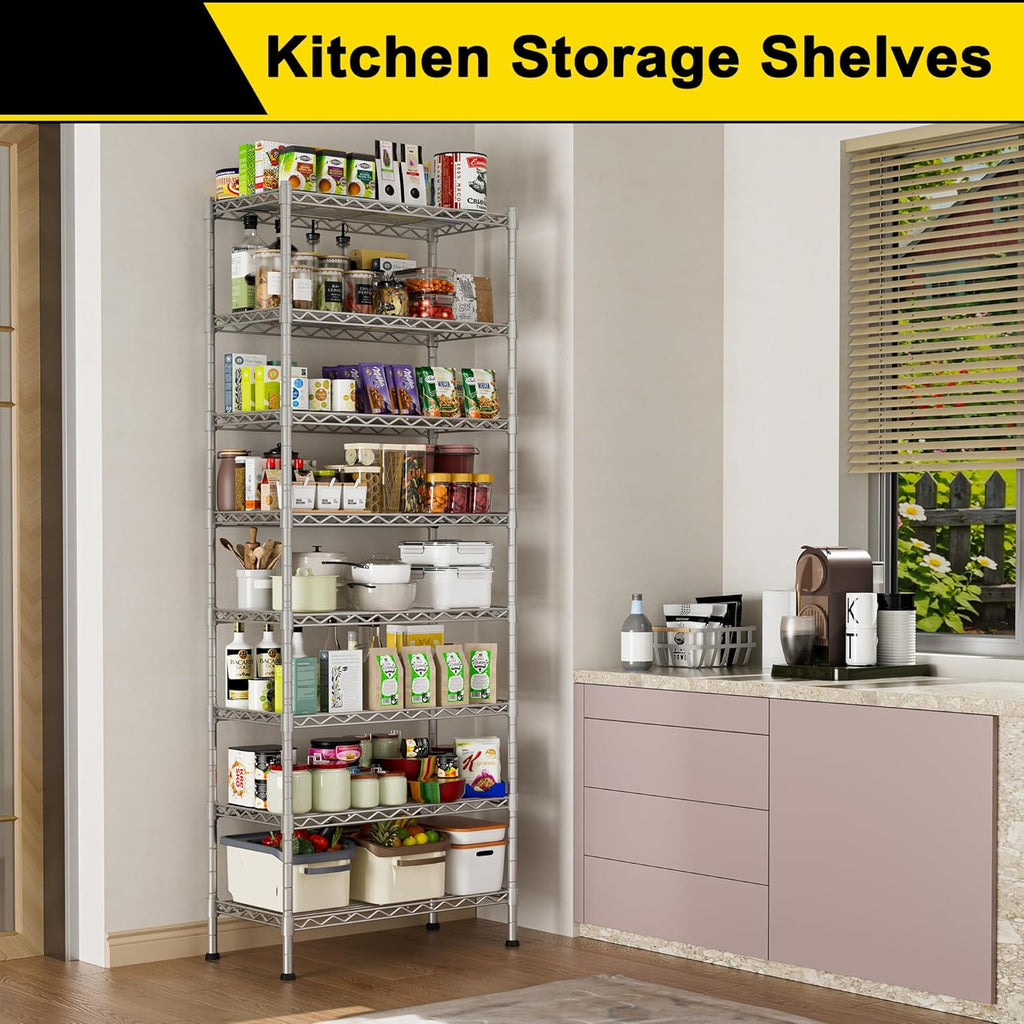 GIOTORENT 8-Wire Garage Shelving Storage Shelves, Kitchen Storage Adjustable Shelf, Metal Shelves 1600Lbs Capacity 24" W x 14" D x 72.2" H for Laundry Bathroom Pantry Closet, Silver