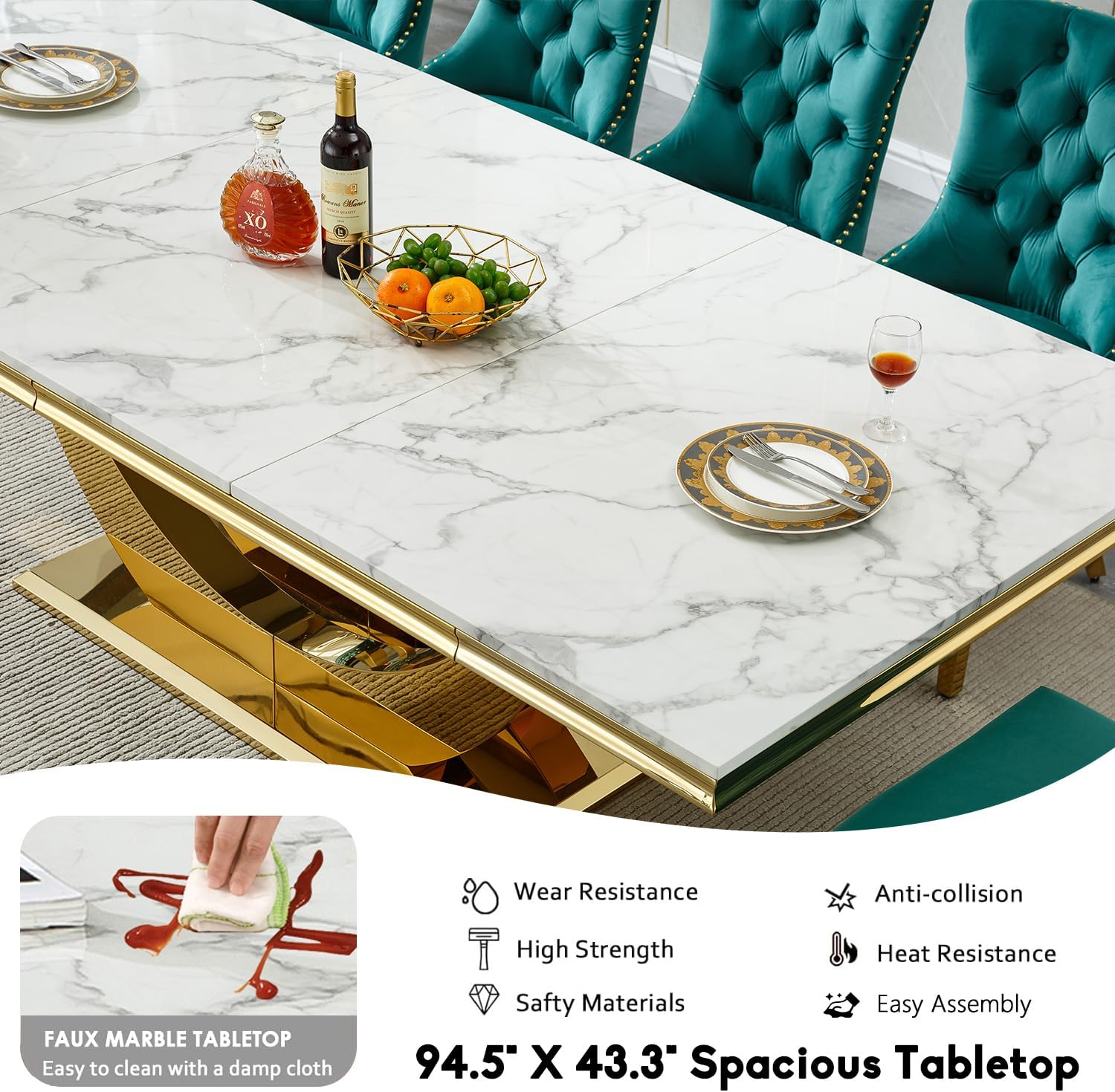 94.5" Large Marble Dining Table Set for 10, Luxury White Gold Kitchen Table with 10 Black Velvet Dining Chairs, Modern Fuax Marble 11-Piece Dining Room Table Set for 10 w/Stainless Steel U-Base