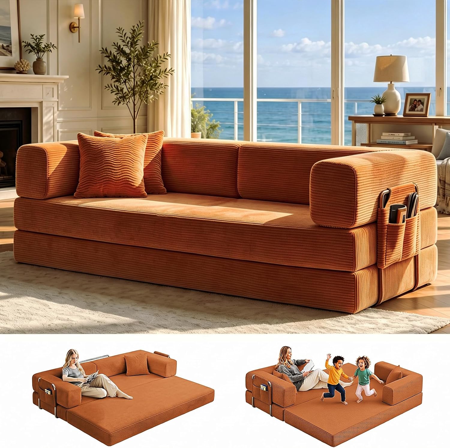 GEARIVY Folding Sofa Bed Convertable Corduroy Couch King Size Floor Sleeper 4-in-1 DIY Combination Modular Sofa Fold Out Futon Lounge Comfy Foldable Lazy cama for Living Room