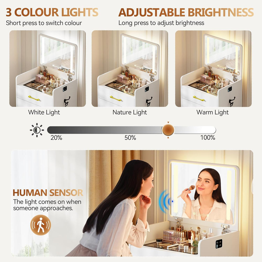 Small Makeup Vanity Desk with Flip up Mirror and Lights(White) | 3 in 1 Vanit...