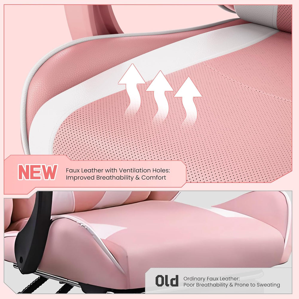 Yaheetech Gaming Chair with Footrest Massage Lumbar Pillow Pink and White | F...
