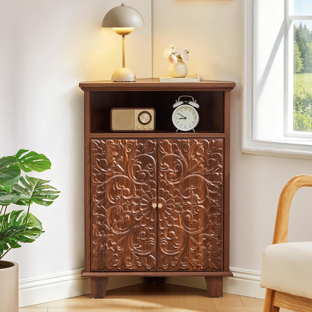 Corner Storage Cabinet, 31.5" Floral Accent Cabinet, Small Spaces, Walnut