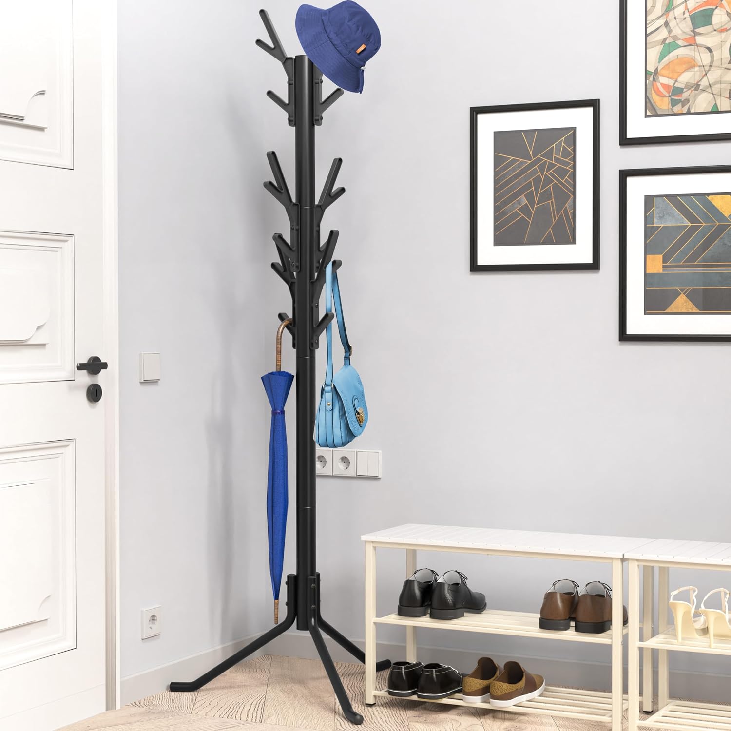 Simple Houseware Standing Coat and Hat Hanger Organizer Tree Shaped Rack for Entryway, Bedroom, and Hallway, 18 Hooks, Black