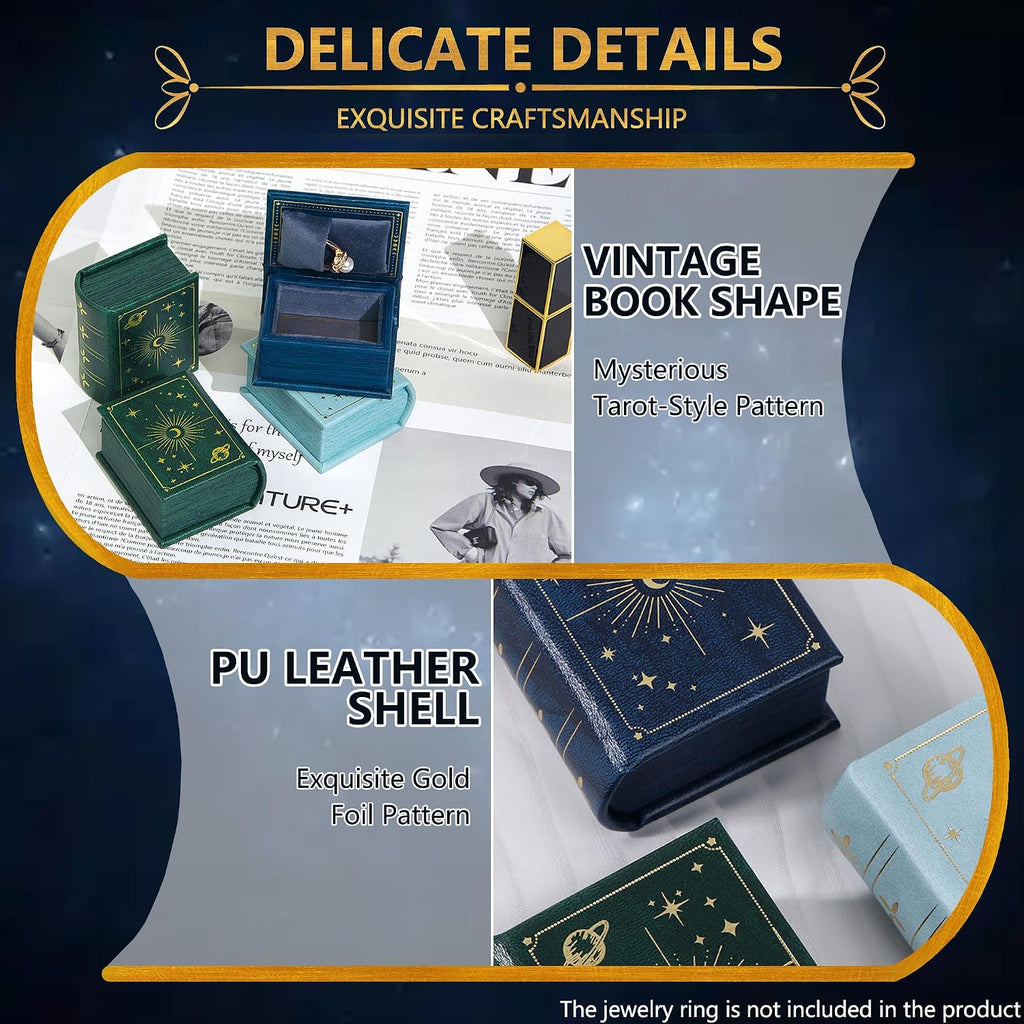 Vintage Magic Book-Shaped Ring Box Starry Sky Pattern PU Leather with Magnetic Closure for Proposal Engagement Gift (Green)