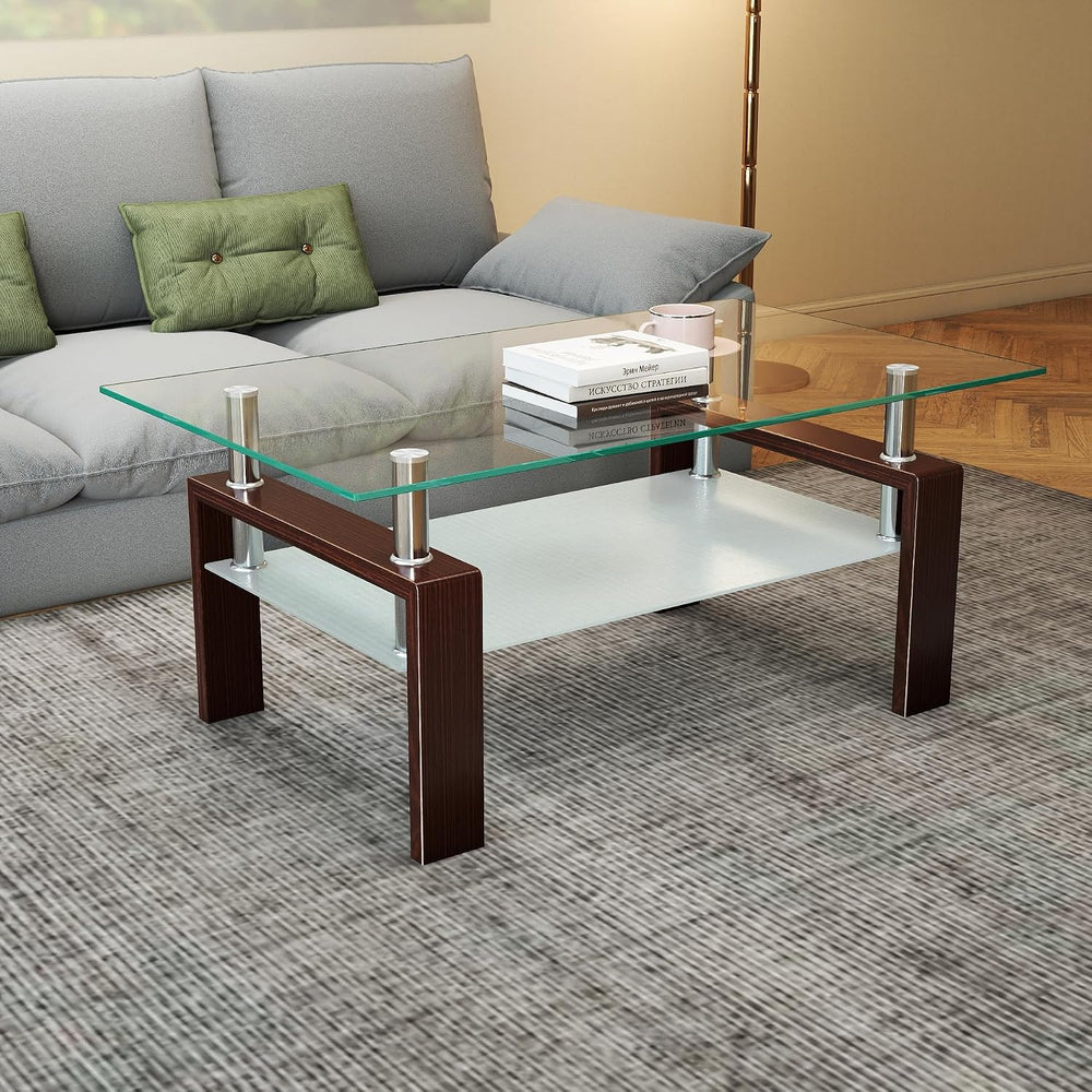 IANIYA Rectangle Glass Coffee Table, Modern Living Room Table with Brown Meta...
