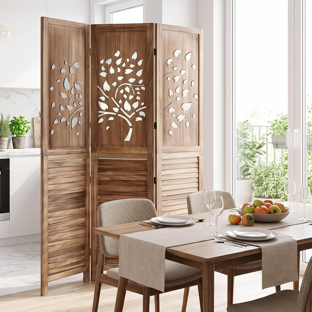 GIANTEX 3 Panel Folding Room Divider with Tree Leaf Cutout & Louvered Slats