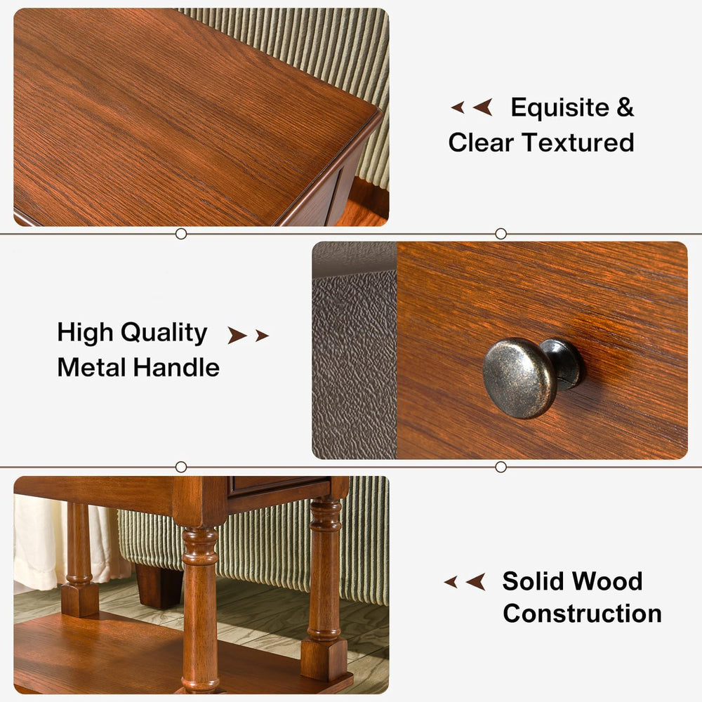 Set of 2 Narrow End Table with Drawer, 2-Tier Tables, Cherry Brown | Skinny E...